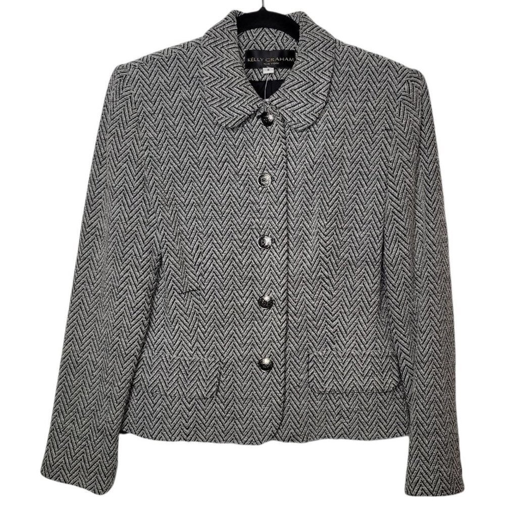 Kelly Graham Wool blend black tan chevron button up collared blazer Jacket size